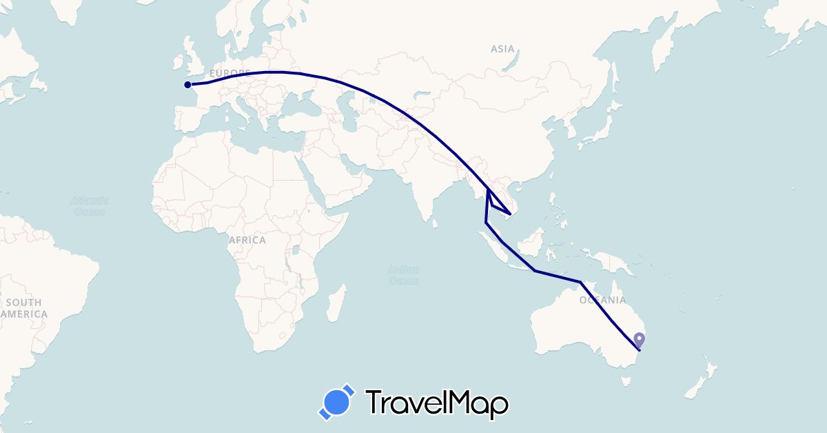 TravelMap itinerary: driving in Australia, France, Indonesia, Singapore, Thailand, Vietnam (Asia, Europe, Oceania)